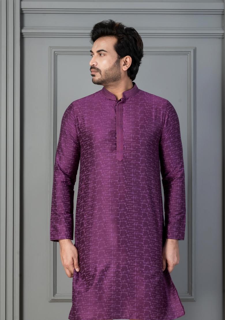 Purple Embroidery Silk Kurta For Men - Indya