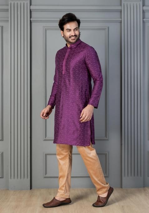 Purple Embroidery Silk Kurta For Men