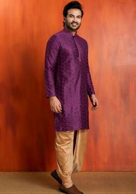 Purple Embroidery Silk Kurta For Men