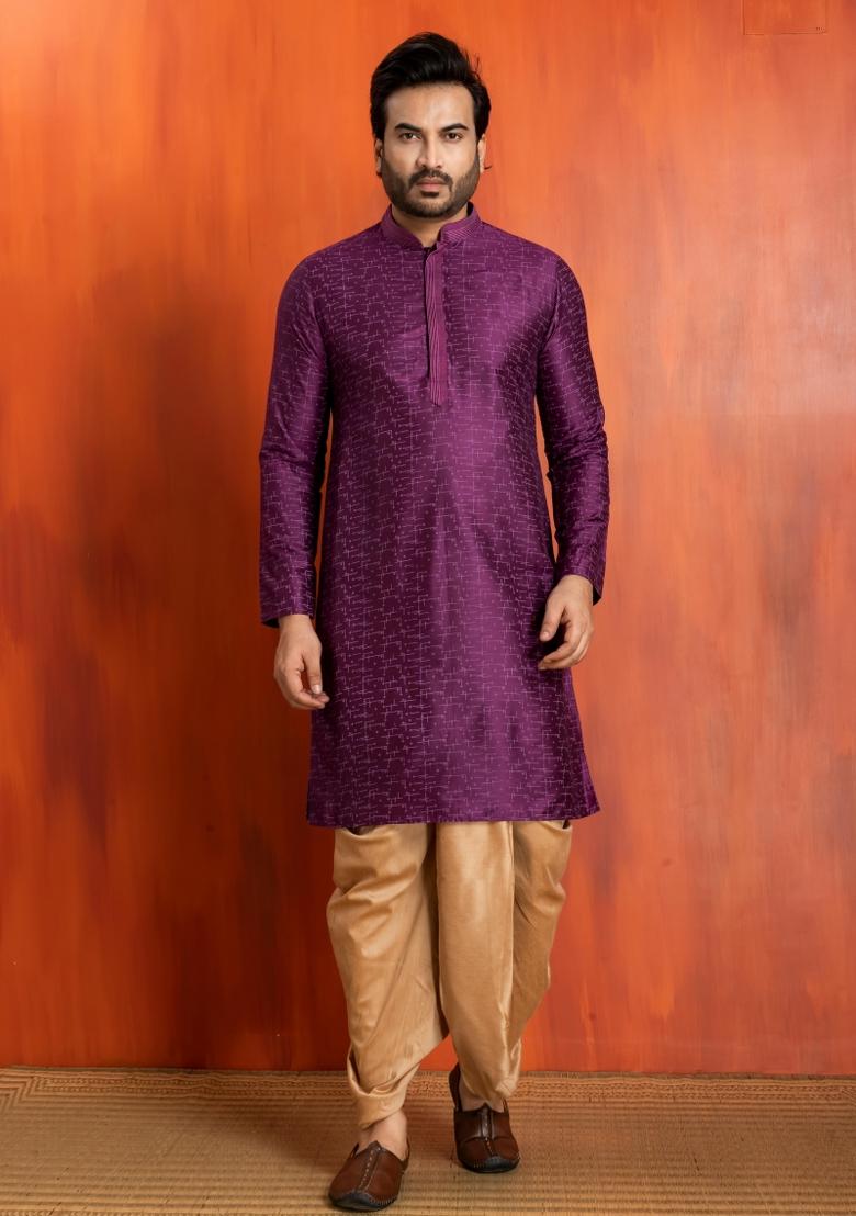 Purple Embroidery Silk Kurta For Men - Indya