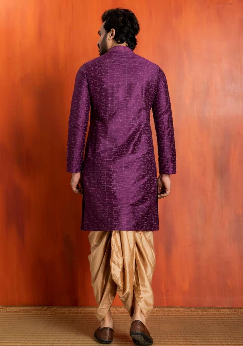 Purple Embroidery Silk Kurta For Men - Indya