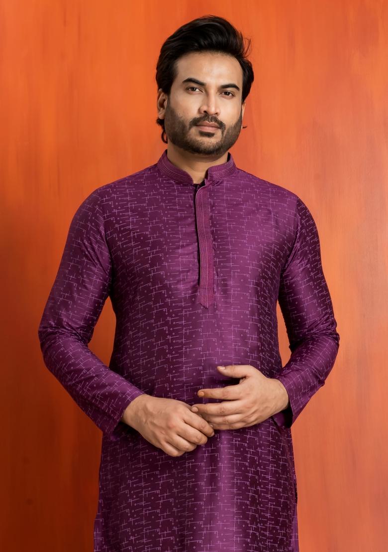 Purple Embroidery Silk Kurta For Men - Indya