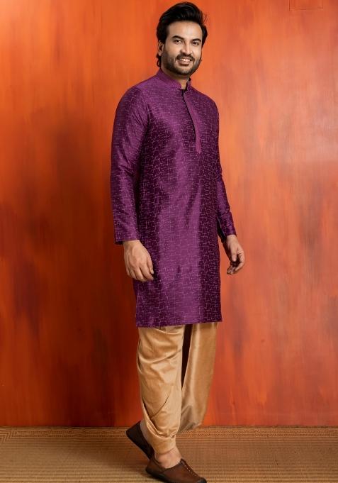 Purple Embroidery Silk Kurta For Men