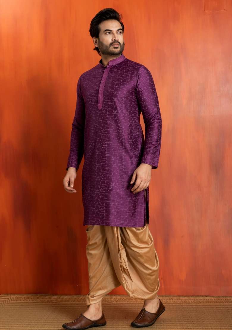Purple Embroidery Silk Kurta Dhoti For Men - Indya