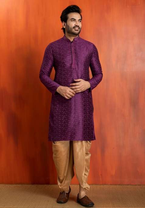 Purple Embroidery Silk Kurta Dhoti For Men