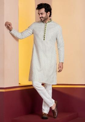 White Embroidery Silk Kurta For Men