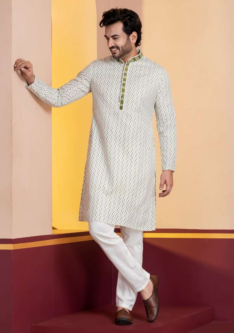 White Embroidery Silk Kurta For Men - Indya