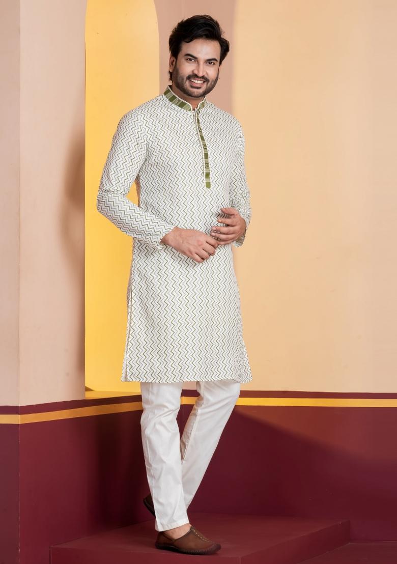White Embroidery Silk Kurta For Men - Indya