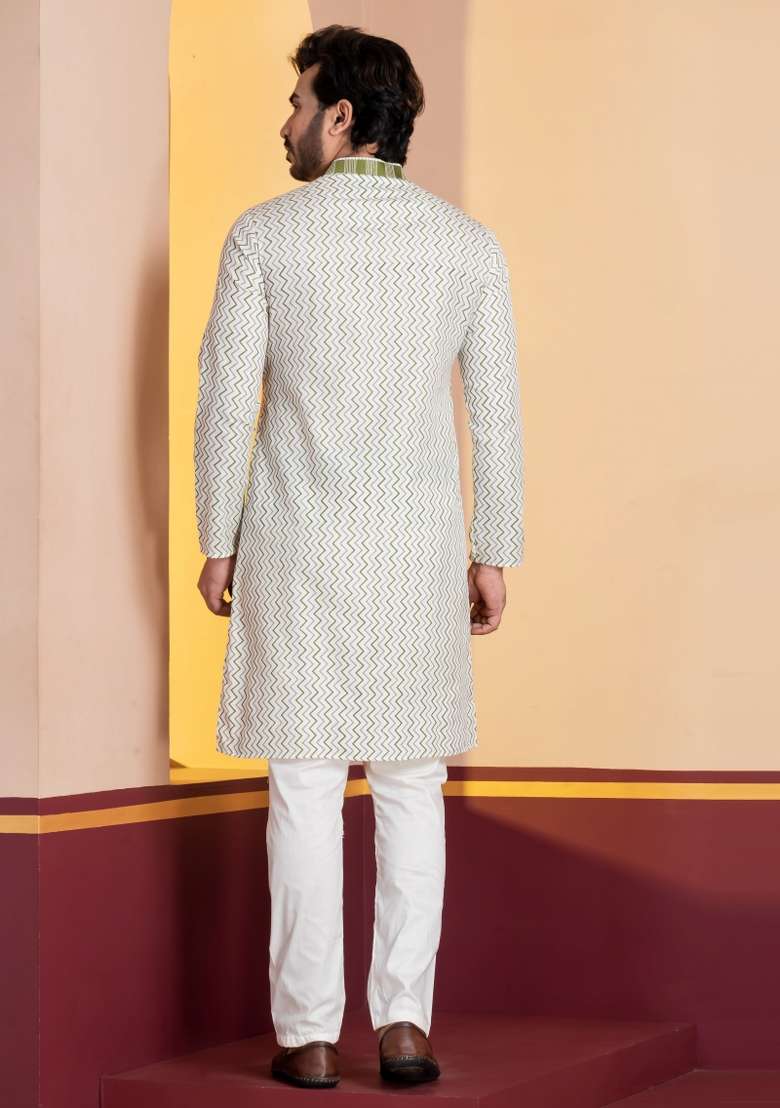 White Embroidery Silk Kurta For Men - Indya