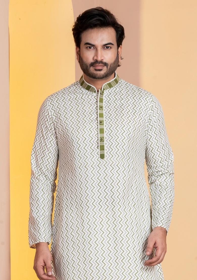 White Embroidery Silk Kurta For Men - Indya