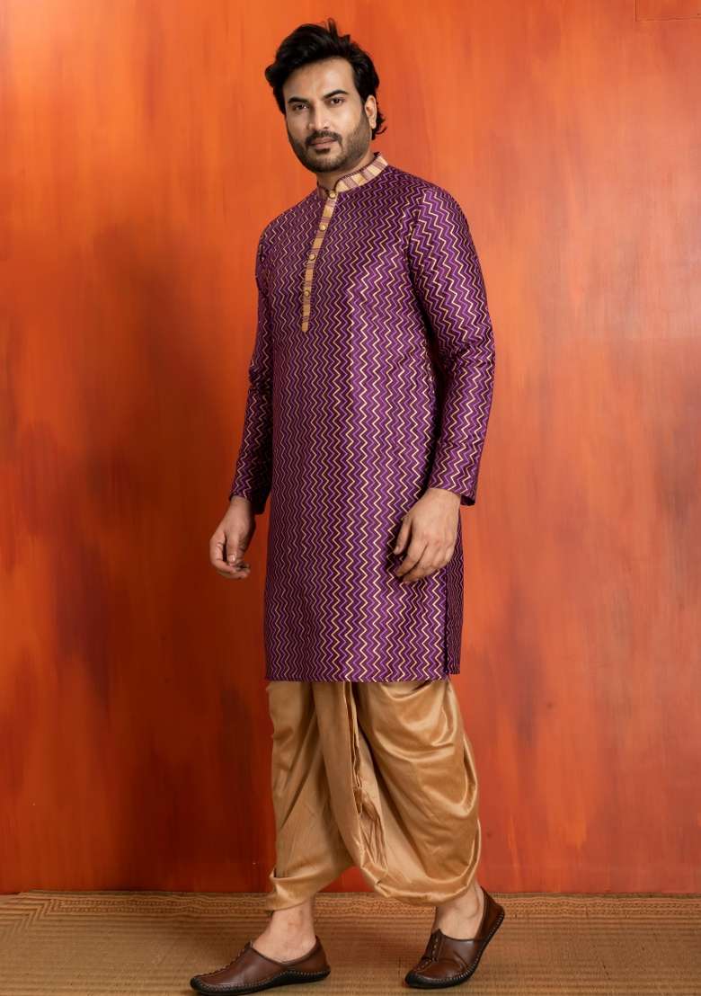 Purple Embroidery Silk Kurta Dhoti For Men - Indya