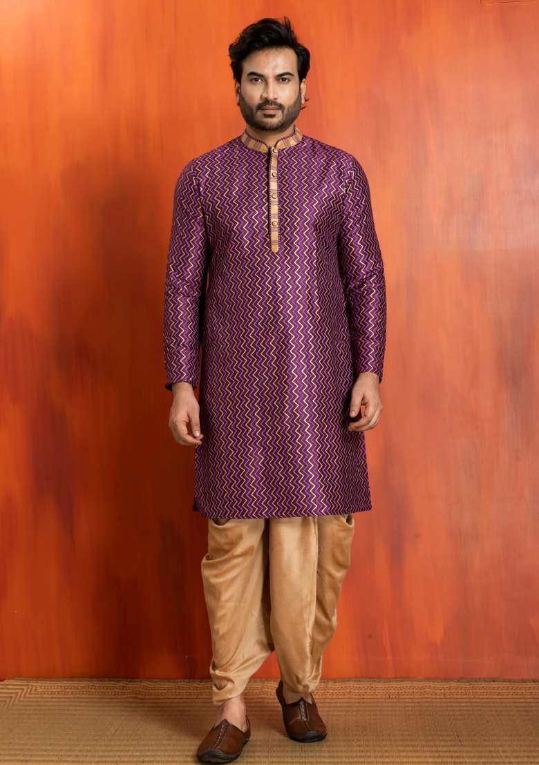 Purple Embroidery Silk Kurta Dhoti For Men - Indya