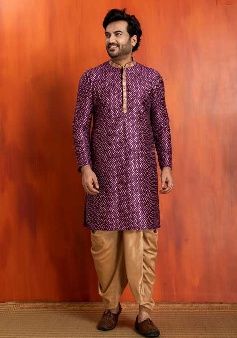 Purple Embroidery Silk Kurta Dhoti For Men