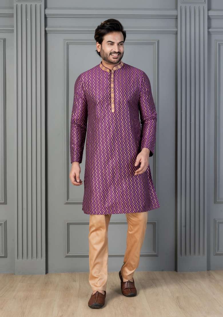 Purple Embroidery Silk Kurta Set For Men - Indya