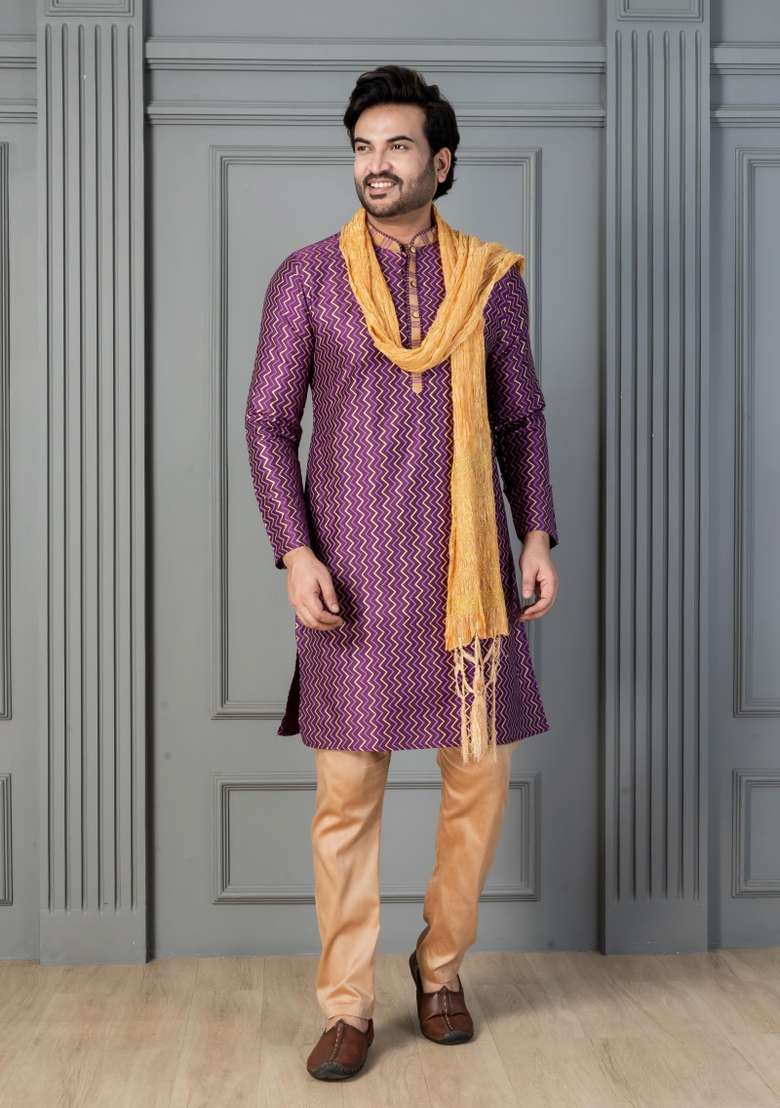 Purple Embroidery Silk Kurta Set For Men - Indya
