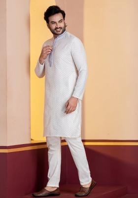 White Embroidery Silk Kurta For Men