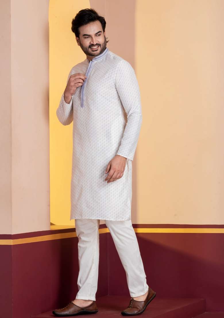 White Embroidery Silk Kurta For Men - Indya