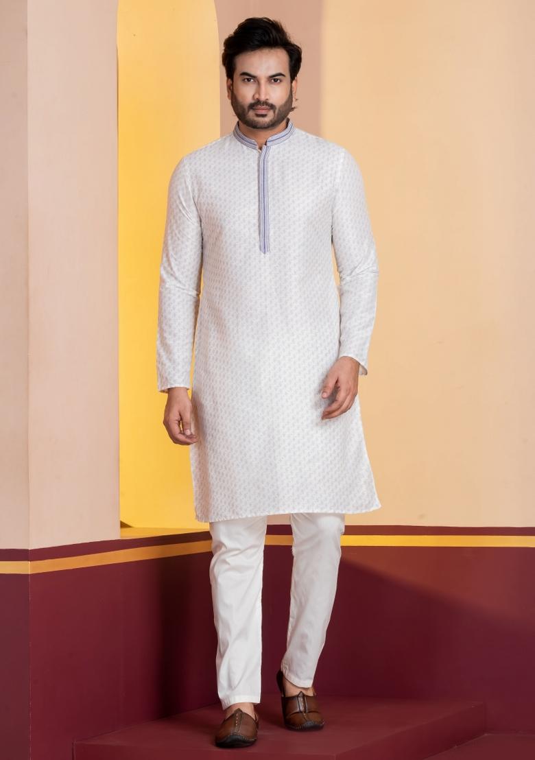 White Embroidery Silk Kurta For Men - Indya