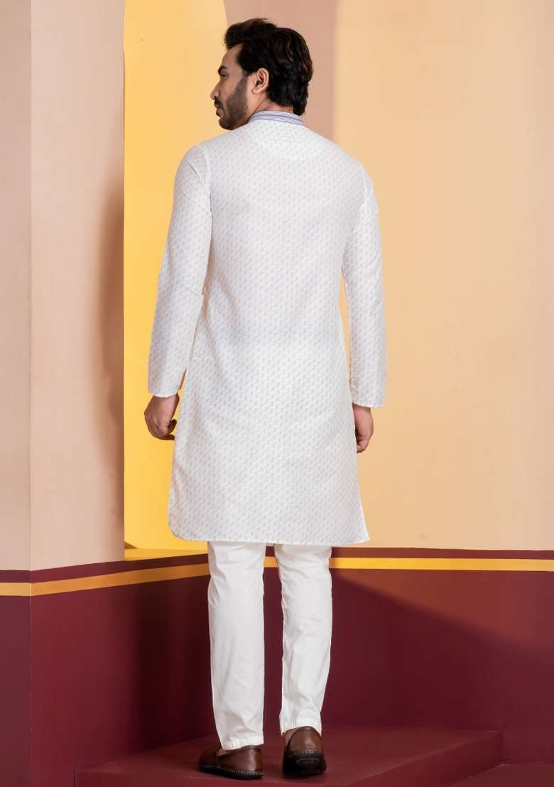 White Embroidery Silk Kurta For Men - Indya