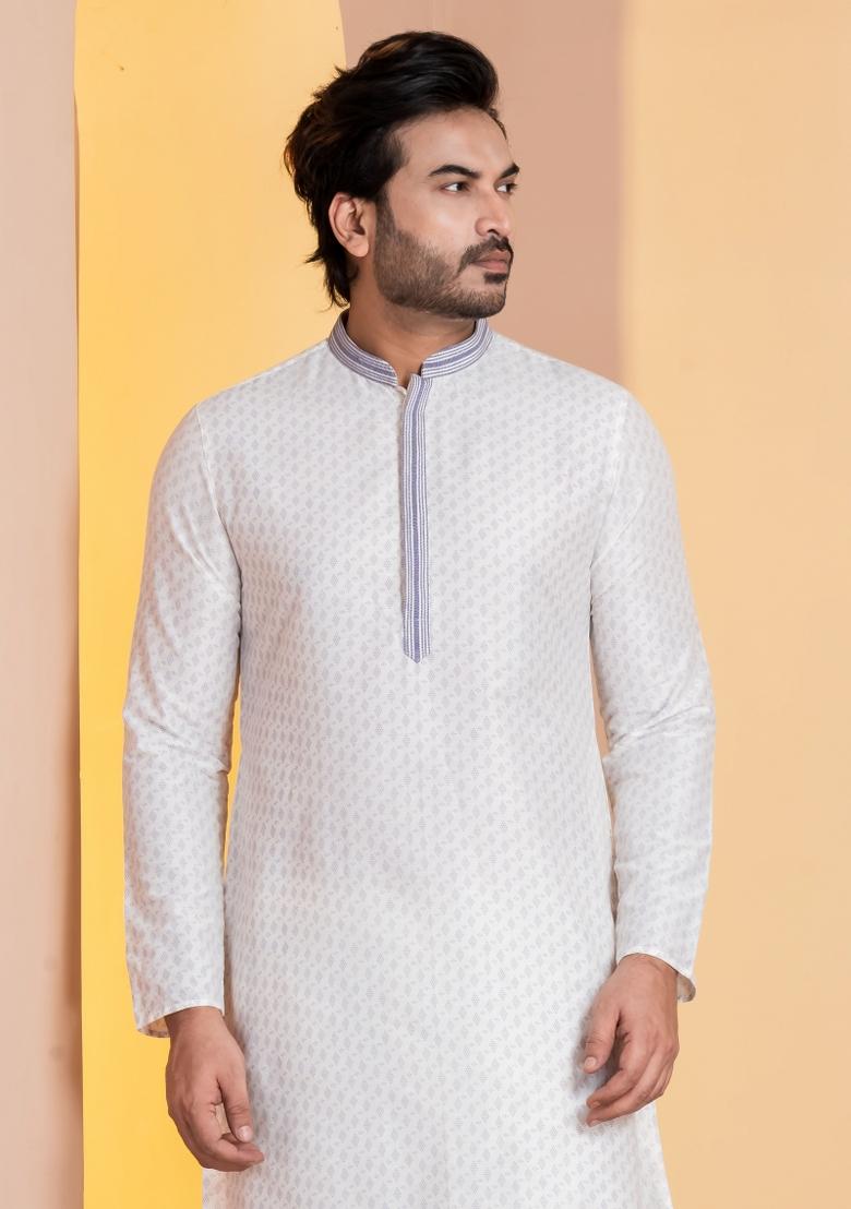 White Embroidery Silk Kurta For Men - Indya