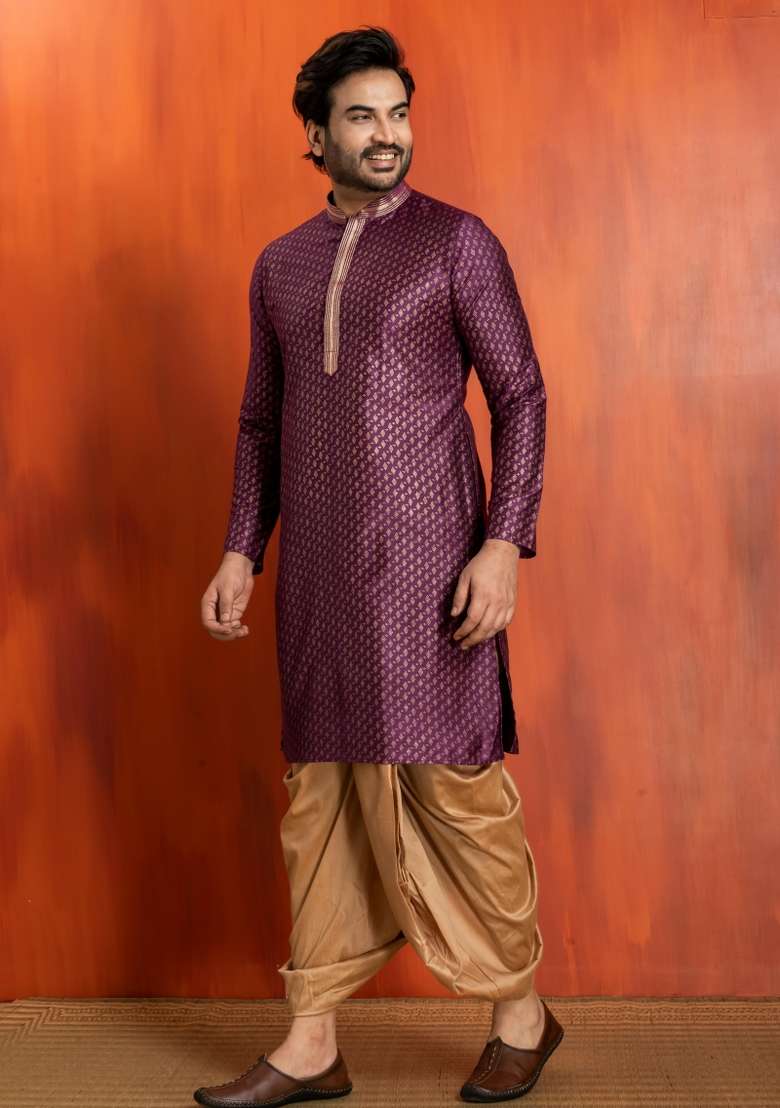 Purple Embroidery Silk Kurta Dhoti For Men - Indya