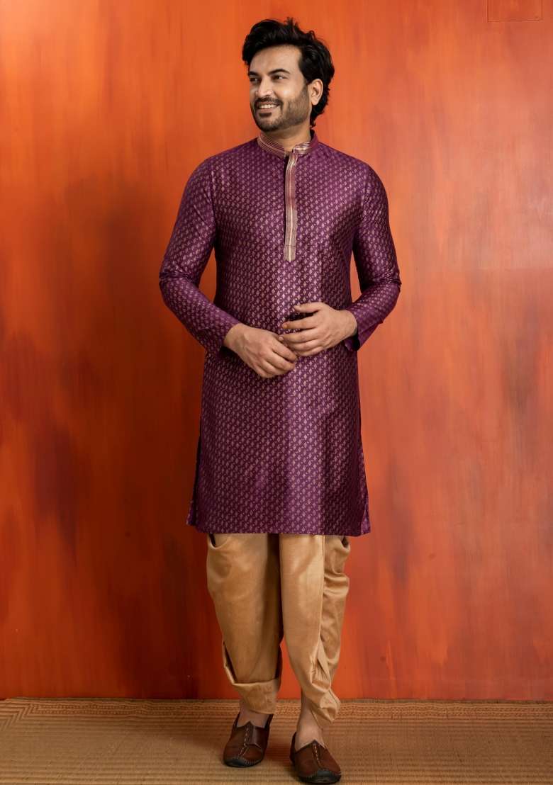 Purple Embroidery Silk Kurta Dhoti For Men - Indya