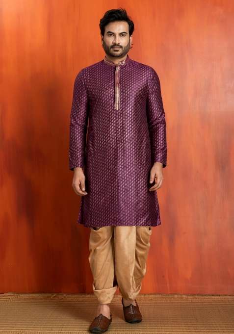 Purple Embroidery Silk Kurta Dhoti For Men