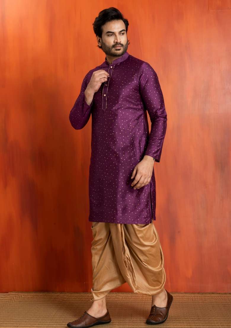 Purple Embroidery Silk Kurta Dhoti For Men - Indya