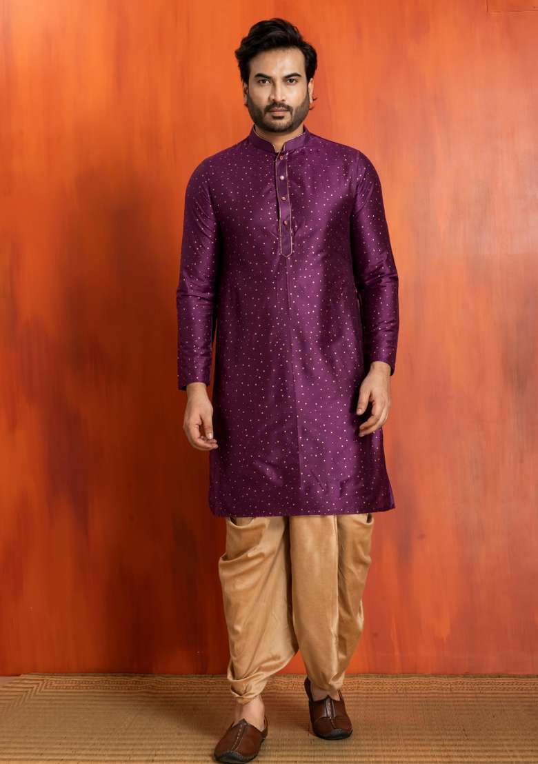 Purple Embroidery Silk Kurta Dhoti For Men - Indya