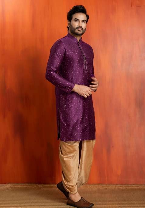 Purple Embroidery Silk Kurta Dhoti For Men