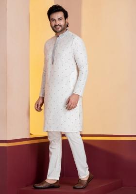 White Embroidery Silk Kurta For Men