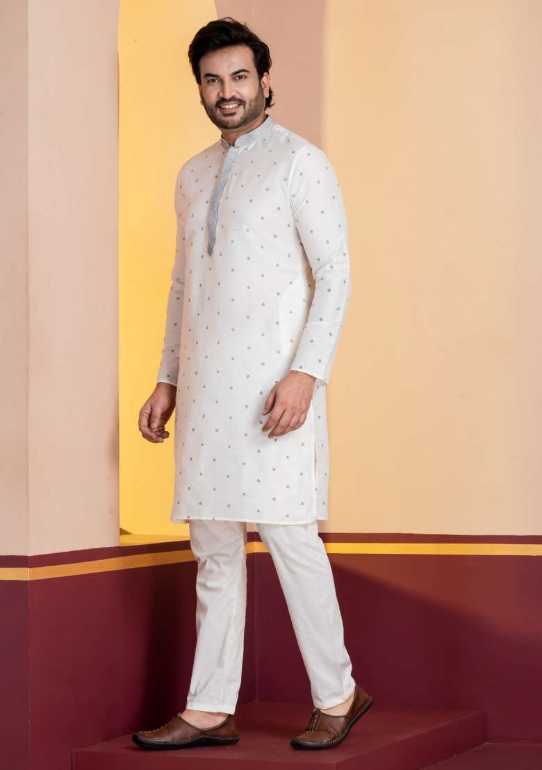 White Embroidery Silk Kurta For Men - Indya