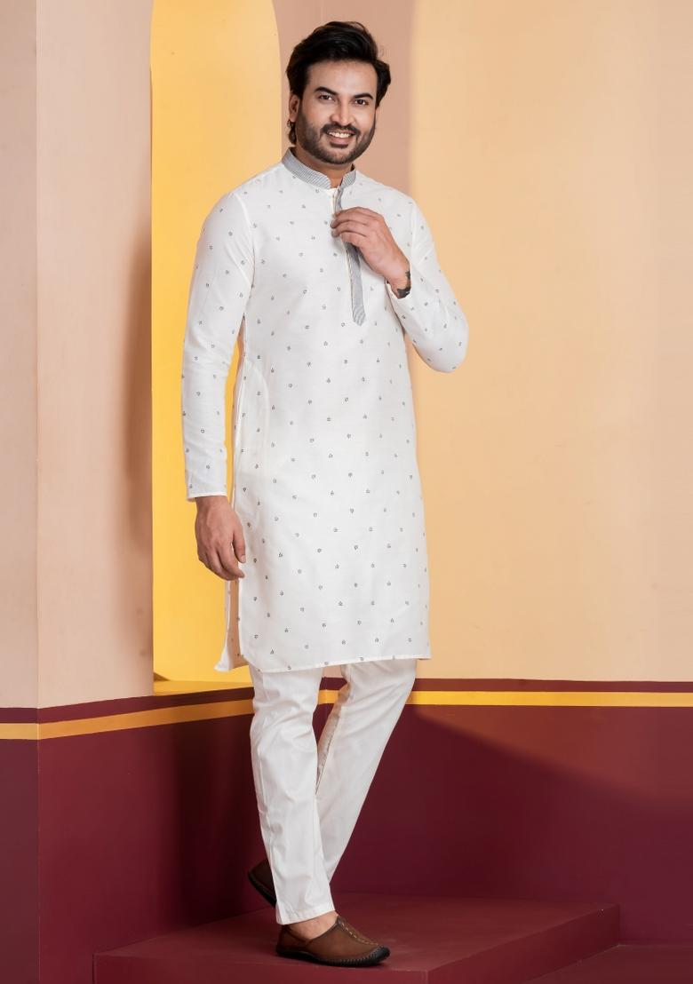 White Embroidery Silk Kurta For Men - Indya