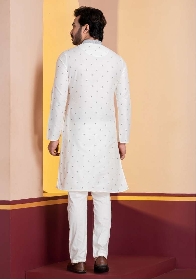 White Embroidery Silk Kurta For Men - Indya