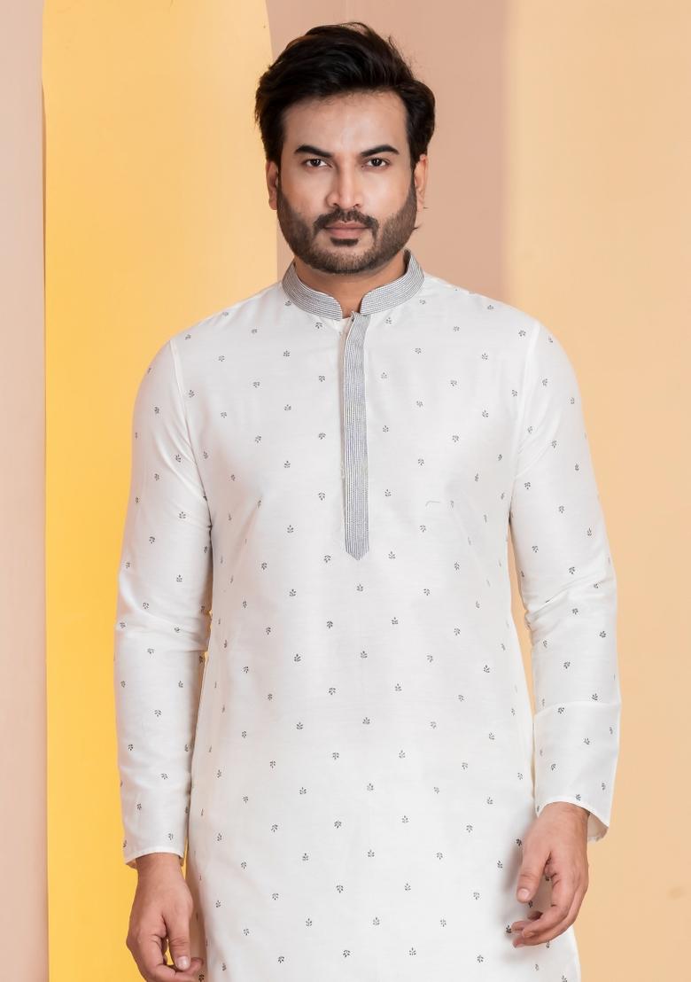 White Embroidery Silk Kurta For Men - Indya