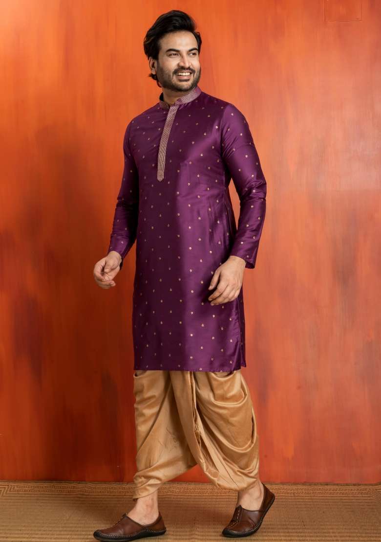 Purple Embroidery Silk Kurta Dhoti For Men - Indya