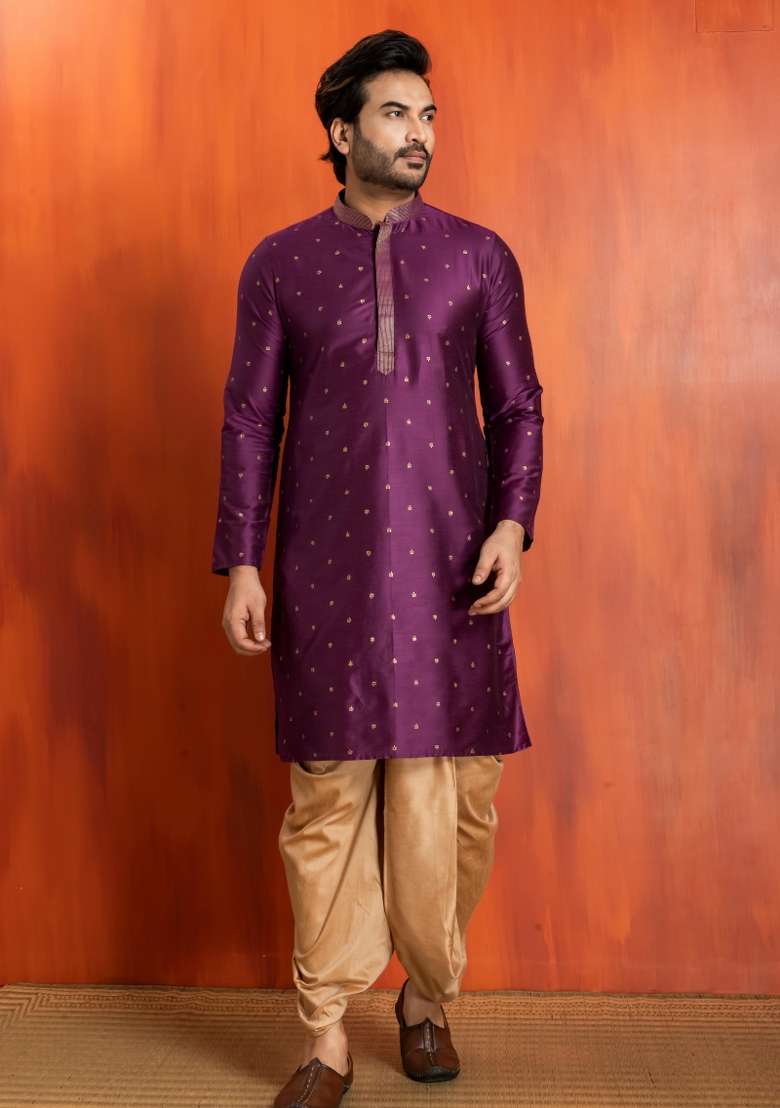 Purple Embroidery Silk Kurta Dhoti For Men - Indya