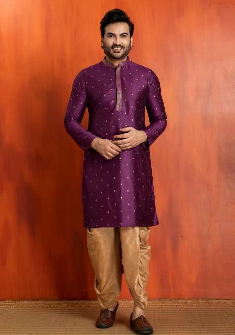 Purple Embroidery Silk Kurta Dhoti For Men