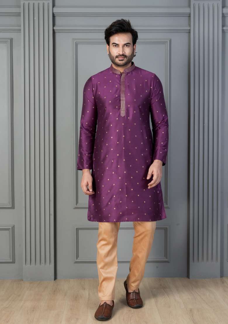 Purple Embroidery Silk Kurta Set For Men - Indya