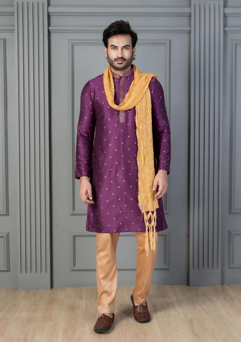 Purple Embroidery Silk Kurta Set For Men - Indya