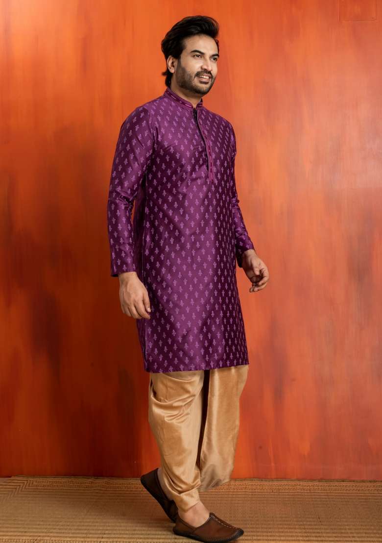 Purple Embroidery Silk Kurta Dhoti For Men - Indya