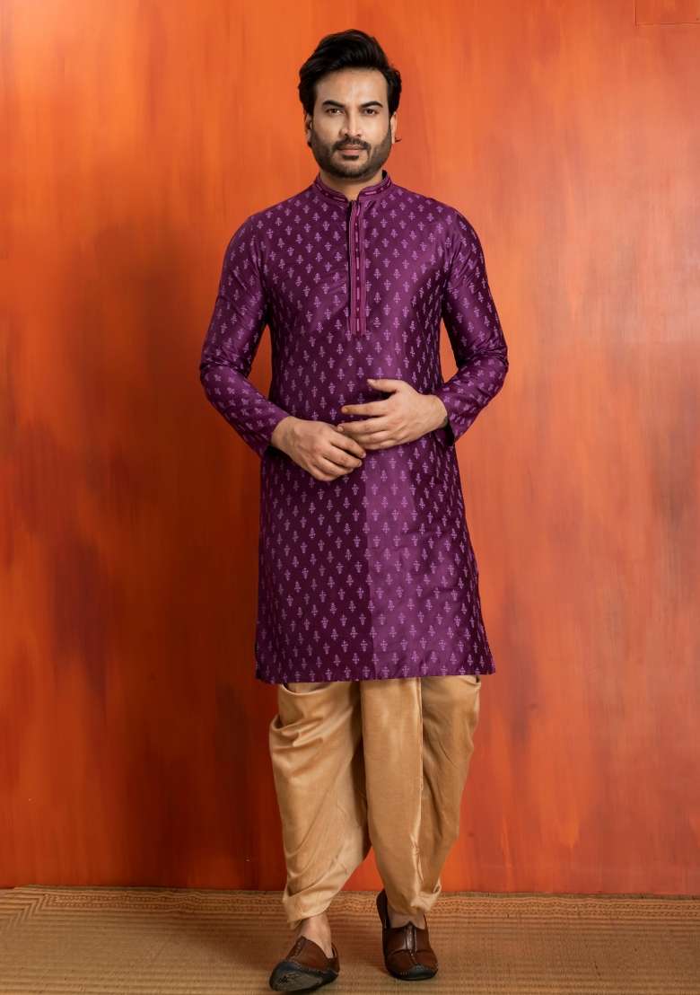 Purple Embroidery Silk Kurta Dhoti For Men - Indya
