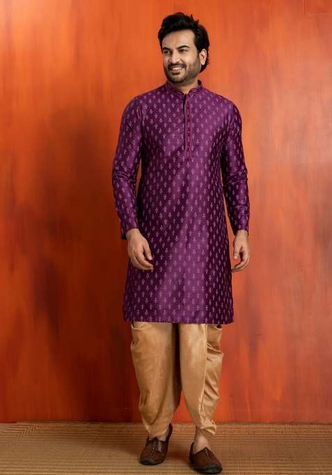 Purple Embroidery Silk Kurta Dhoti For Men