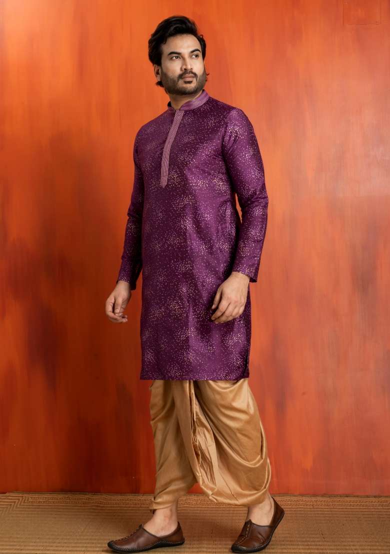 Purple Embroidery Silk Kurta Dhoti For Men - Indya