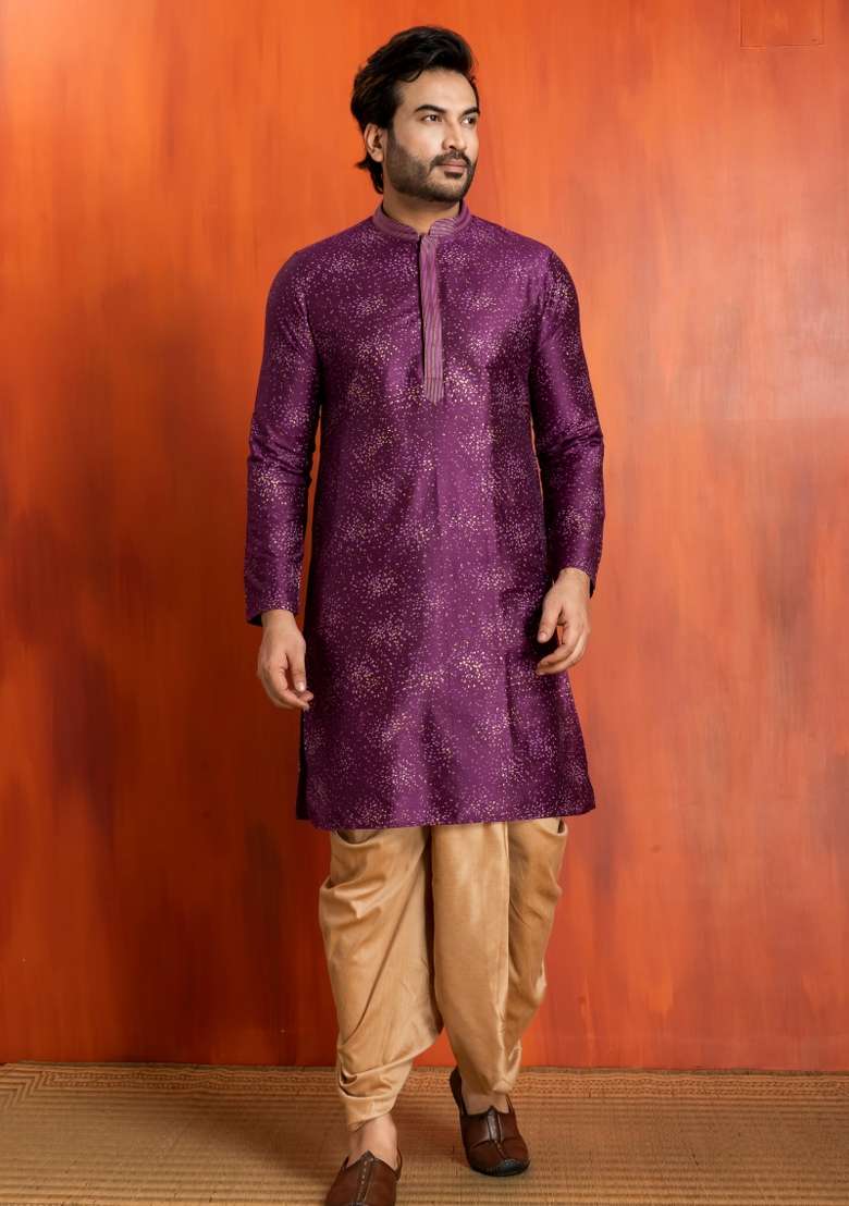 Purple Embroidery Silk Kurta Dhoti For Men - Indya