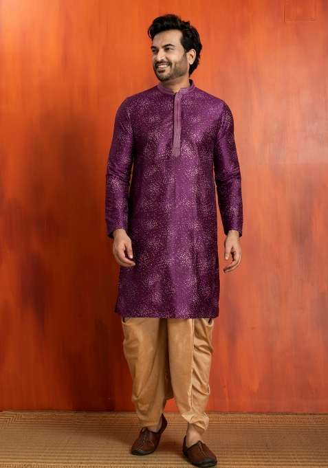 Purple Embroidery Silk Kurta Dhoti For Men