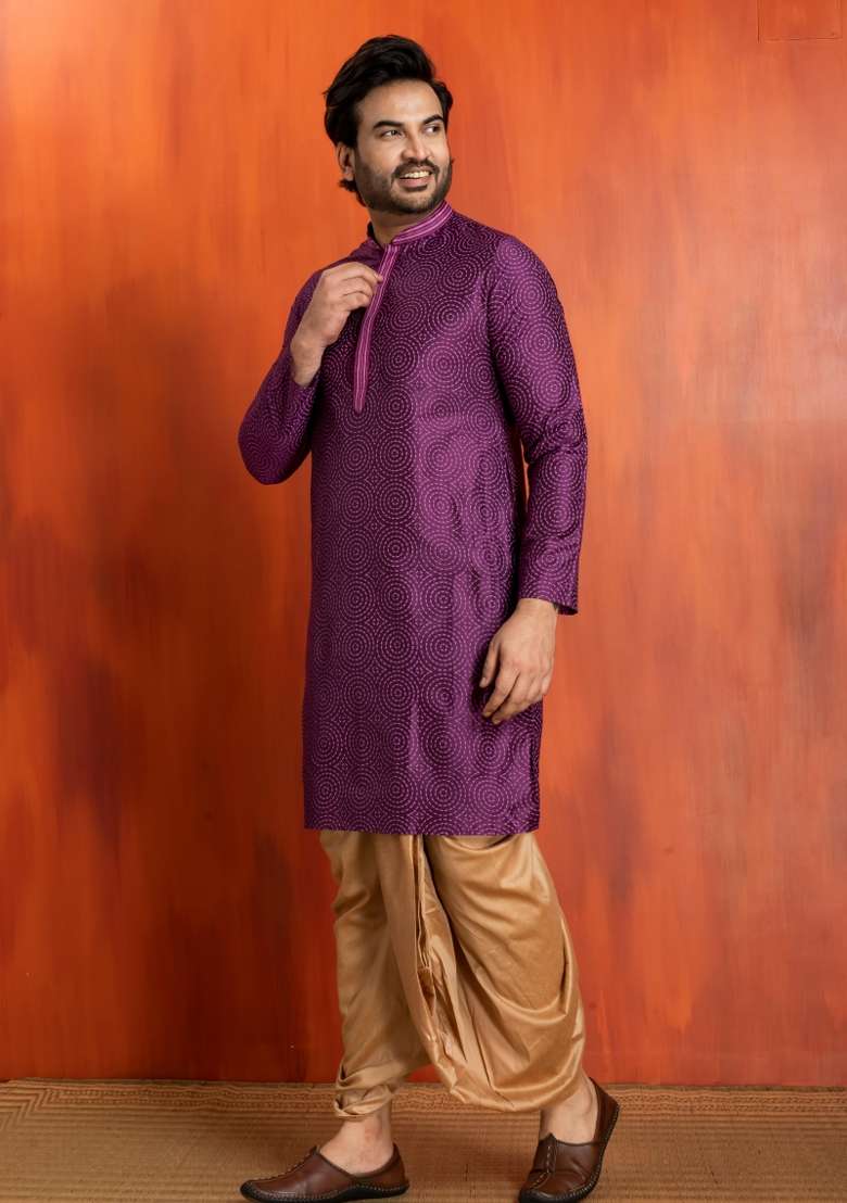 Purple Embroidery Silk Kurta Dhoti For Men - Indya