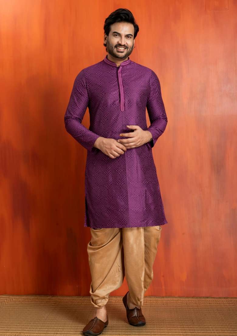 Purple Embroidery Silk Kurta Dhoti For Men - Indya