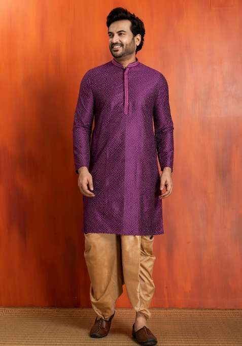 Purple Embroidery Silk Kurta Dhoti For Men