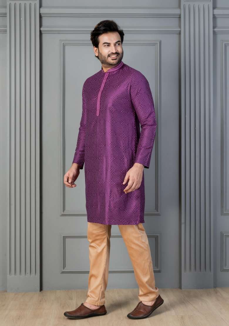 Purple Embroidery Silk Kurta Set For Men - Indya